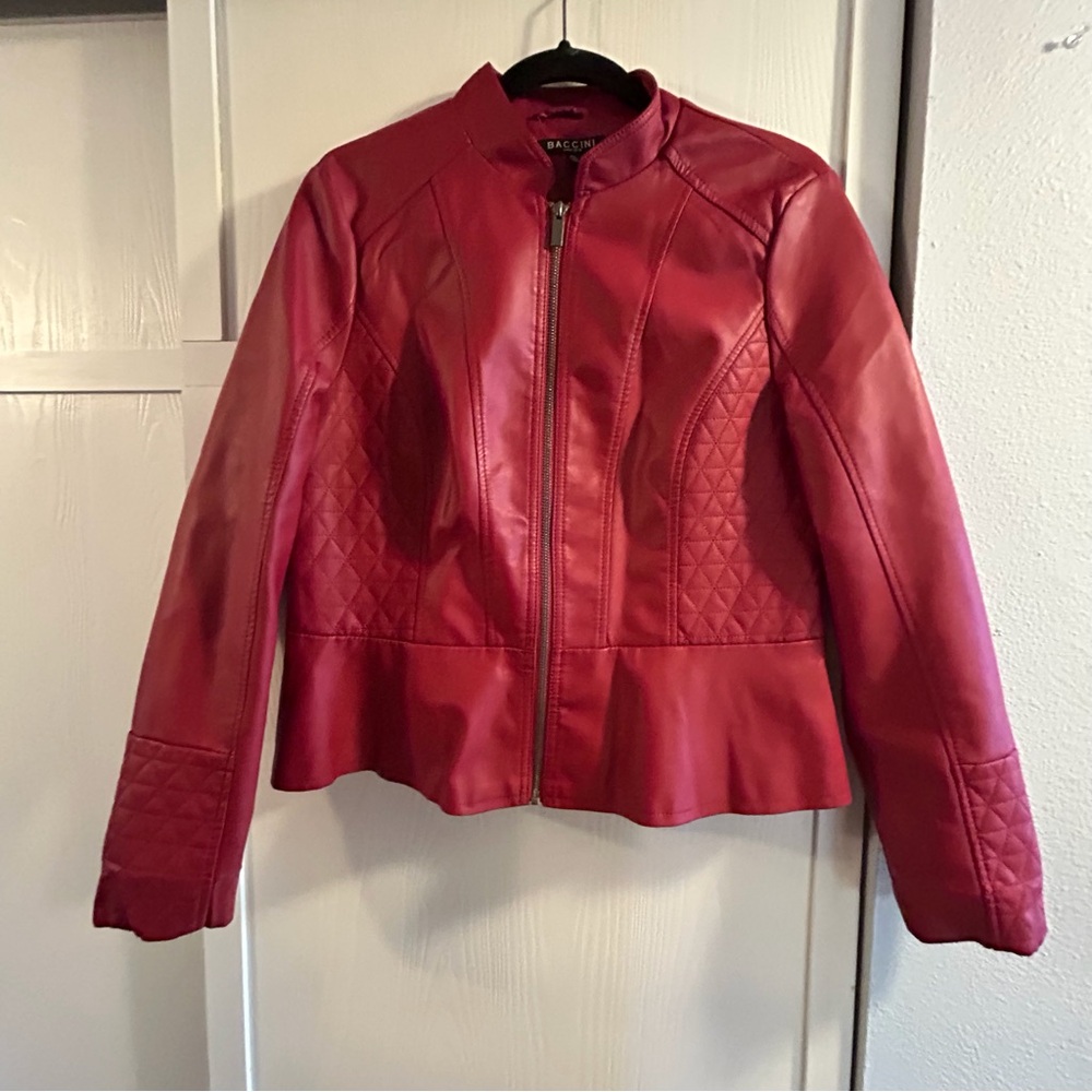 Baccini Faux Leather Moto Jacket Red Size PL Lined Excellent Preloved Condition